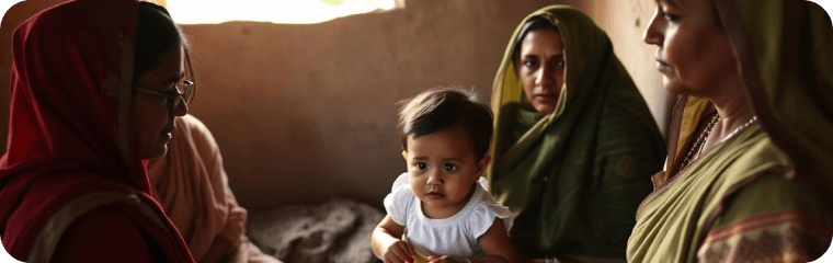 Child nutrition session in a village home